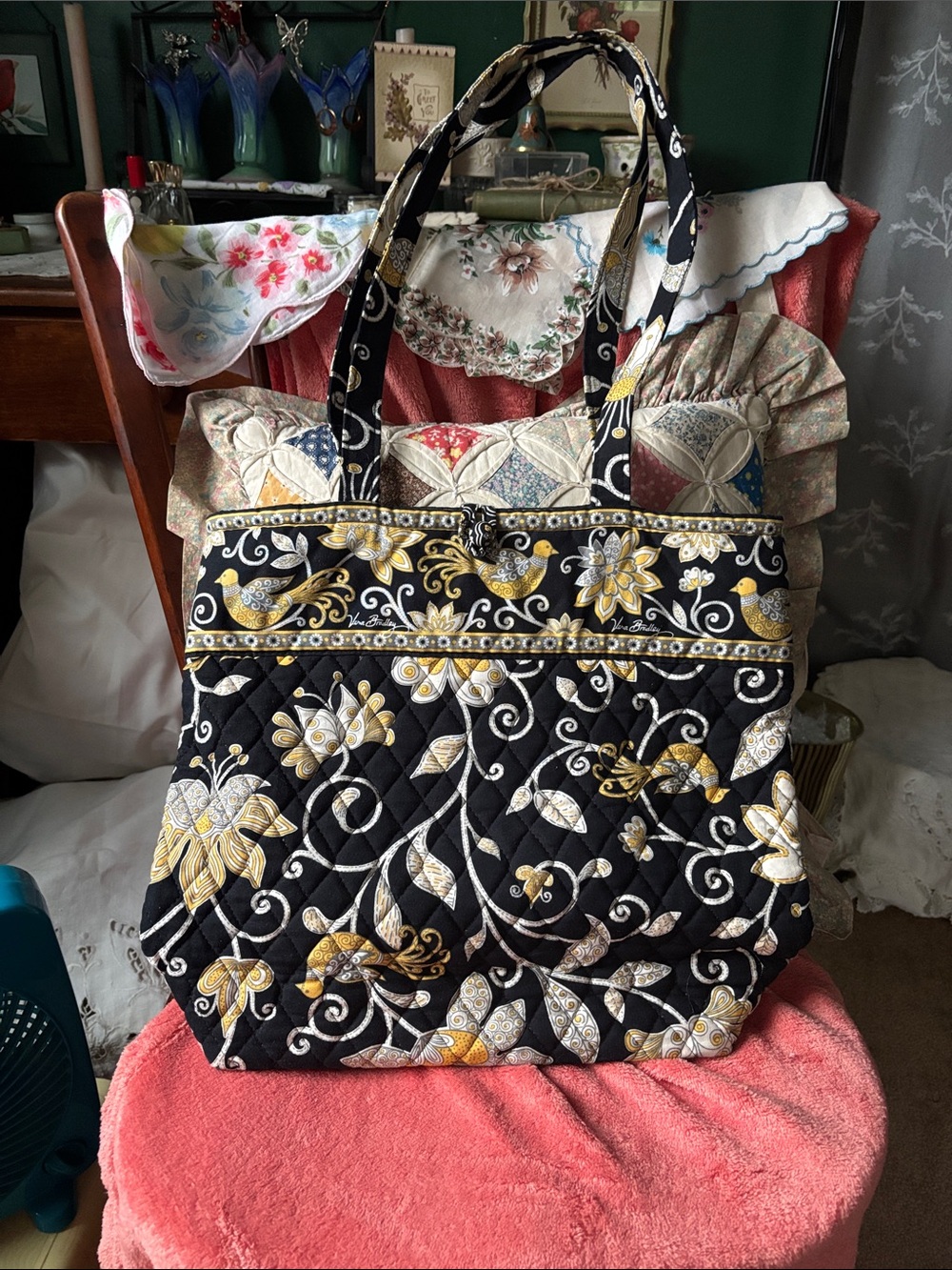 Vera Bradley Quilted Floral Tote Bag in Black and Yellow